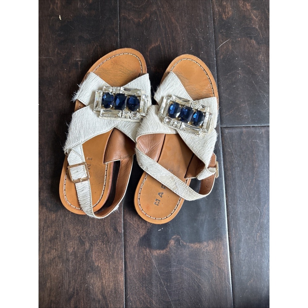 Marni Sandal Oat Calf Hair Large Blue And Clear Crystal Clip Cross Straps 37